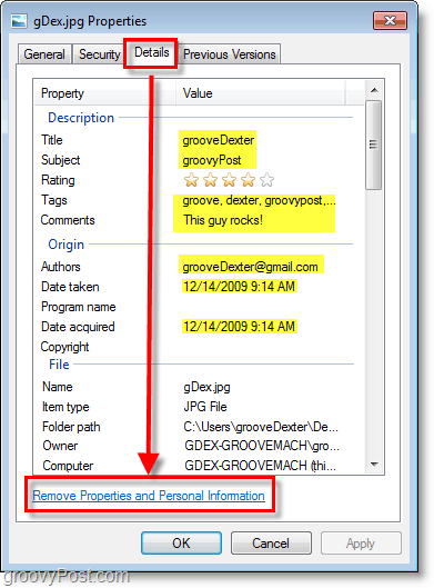 Windows 7'de dosya ayrıntılarını görüntüleyin ve özellikleri ve kişisel bilgileri kaldır'ı tıklayın.