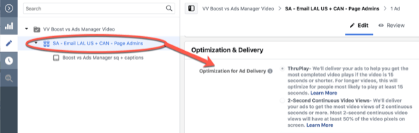 10 saniyelik görünümler için Facebook ThruPlay Optimizasyonu, kampanya düzenlemesi, 3. adım.