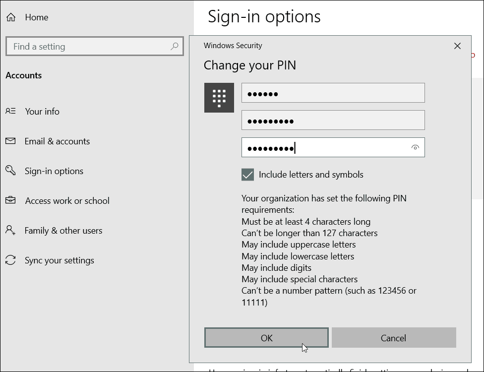 Özel Karakter PIN Gereksinimleri Windows 10