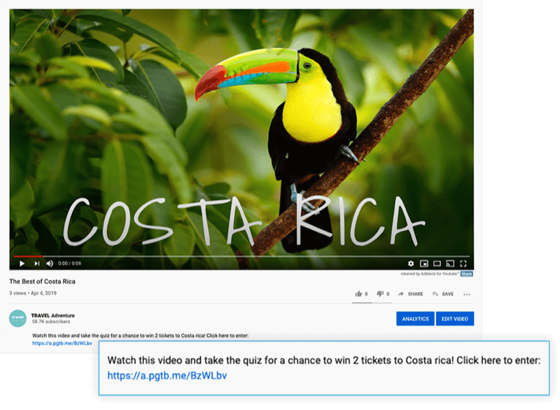 Kosta rika'ya 2 bilet kazanma şansı için videoyu izleme ve sınava girme teklifiyle vurgulanan youtube video açıklaması