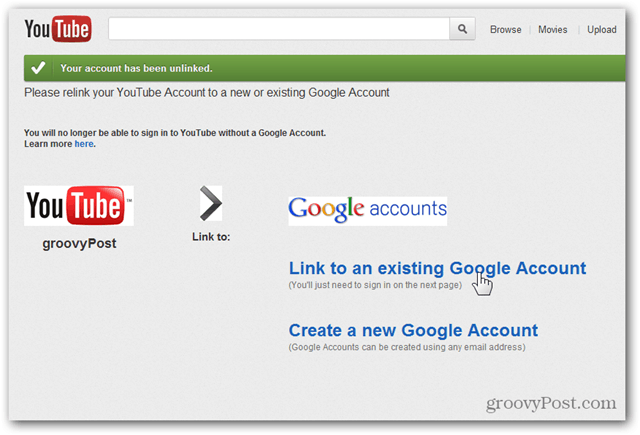 Bir YouTube Hesabını Yeni Bir Google Hesabına Bağlama - Mevcut Hesaba Bağla'yı tıklayın