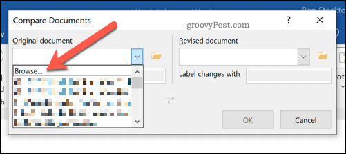 Microsoft Word'de karşılaştırılacak belgeleri seçme