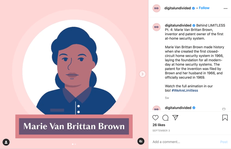 marie van brittan brown'ı pt olarak vurgulayan Instagram'da paylaşılan bir snippet mp4 yayını örneği. Serideki 4 #wearelimitless