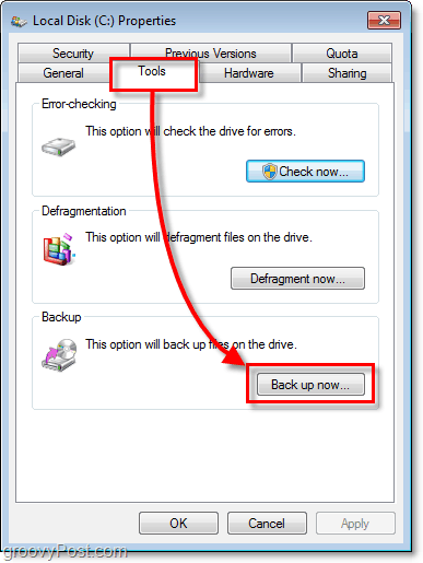 Windows 7 Yedekleme - Özellikler ve Şimdi yedekle düğmesindeki Araçlar sekmesi