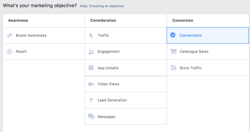 facebook reklam yöneticisinde bir pazarlama hedefi olarak dönüşümleri seçme seçeneği