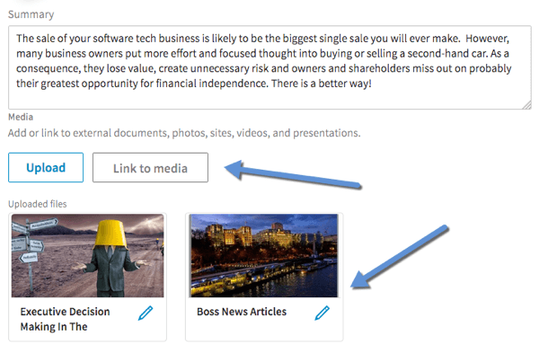 LinkedIn profilinizin Özet, Deneyim ve Eğitim bölümlerine video eklemek için Medyaya Bağlantı Ver'i tıklayın.