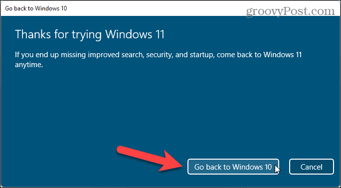 Windows 10'a geri dön'ü tıklayın