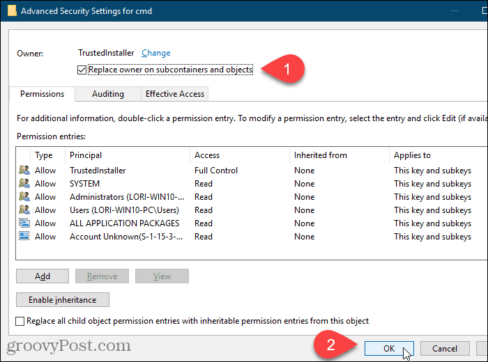 Windows Kayıt Defteri Düzenleyicisi'nde Gelişmiş Güvenlik Ayarları iletişim kutusundaki Alt kapsayıcılar ve nesnelerde sahibini değiştir kutusunu işaretleyin