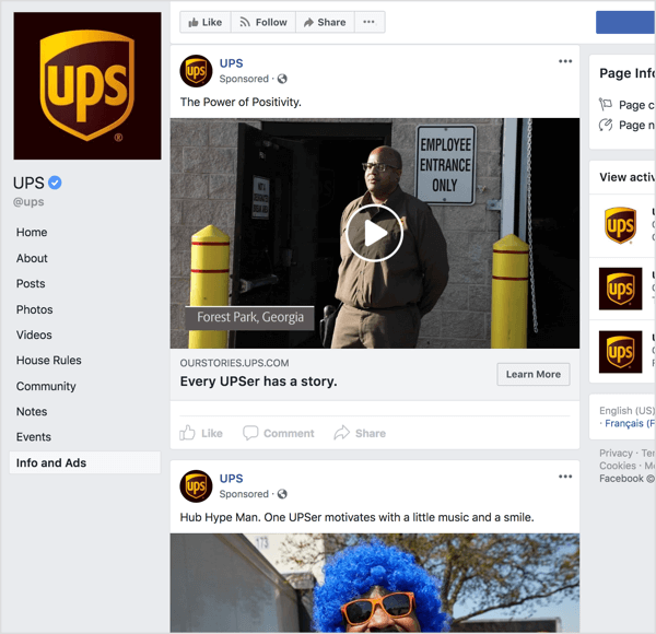 UPS'in Facebook reklamlarına bakarsanız, marka bilinci oluşturmak için hikaye anlatımı ve duygusal çekicilik kullandıkları açıktır.