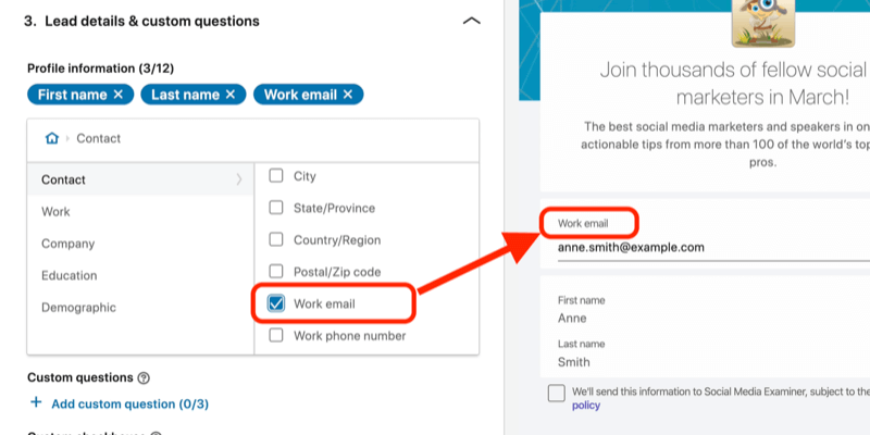 LinkedIn reklam kurulumunda potansiyel müşteri oluşturma formu için seçilen İş E-postası alanının ekran görüntüsü