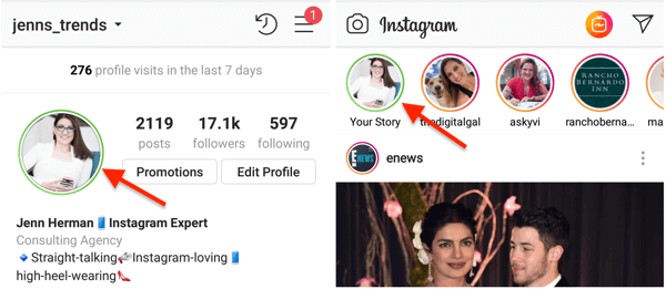 Yakın Arkadaşlar listenize bir hikaye paylaştığınızda Instagram profil resminiz için yeşil daire göstergesi.