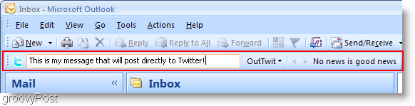 Outlook OutTwit görünüm kutusunun içindeki Twitter 