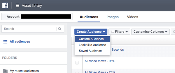 Facebook Reklam Yöneticisi'nde Kitle Oluştur'u tıklayın ve açılır listeden Özel Kitle'yi seçin.