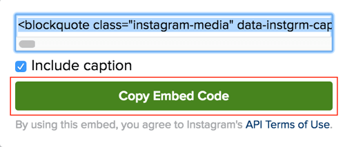 Instagram gönderi yerleştirme kodunu kopyalamak için yeşil düğmeye tıklayın.