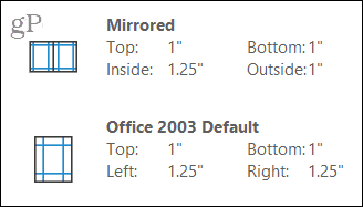 Yansıtılmış ve Office 2003 kenar boşlukları