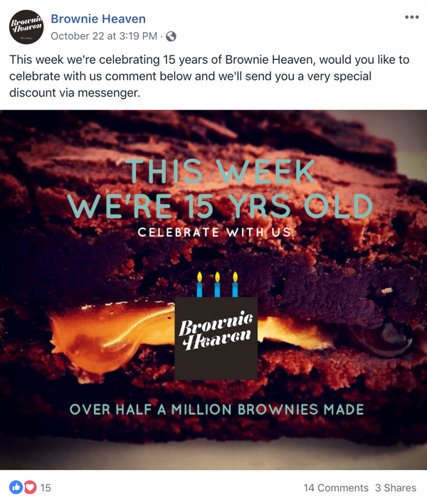 Brownie Heaven'dan bir teklif içeren Facebook gönderisine örnek.