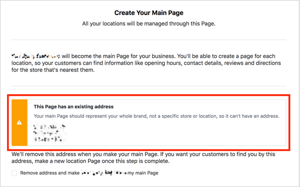 Facebook ana sayfanızın bir adresi varsa, konum eklemeye çalışırsanız bir uyarı mesajı görürsünüz.