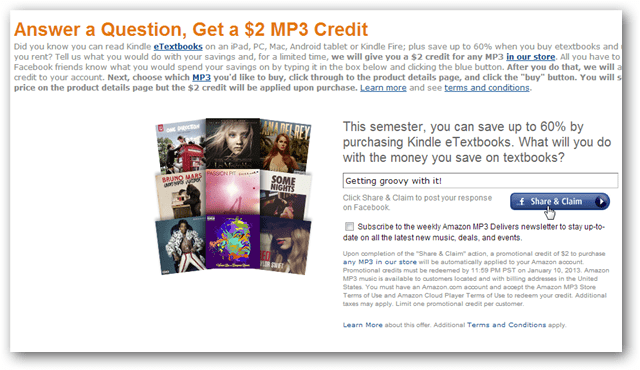 Facebook Postası için 2 $ Amazon MP3 Kredisi Alın