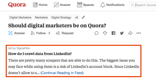 Quora'da ücretli reklamla pazarlama örneği.