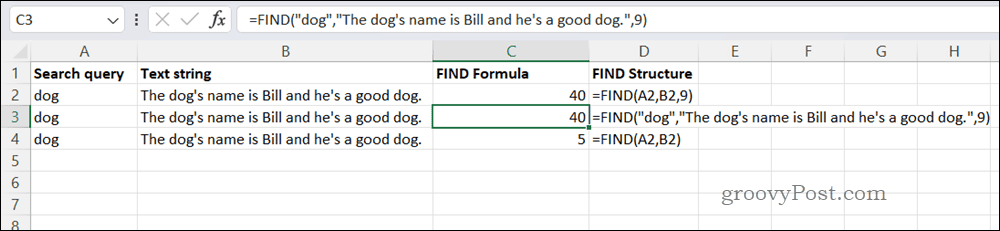 Excel'deki örnek BUL formülü