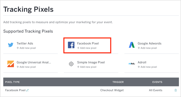 Eventbrite'da Facebook Pixel'i tıklayın ve piksel kimliğinizi ve diğer ayrıntıları girin.