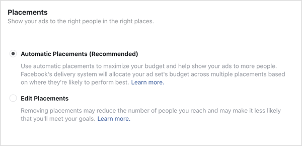 Facebook kampanyası için seçilen Otomatik Yerleşimler seçeneği