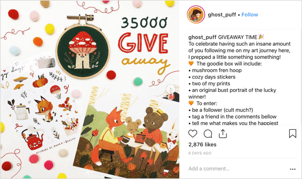 Sanatçı ghost_puff, Instagram'da topluluk sohbetini davet eden arkadaş canlısı, ilişkilendirilebilir bir gönderi stili kullanıyor.