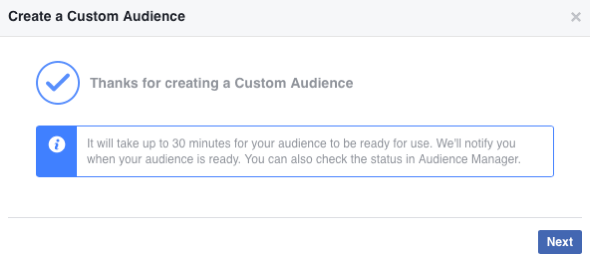 Yeni Facebook özel hedef kitlenizi oluşturduktan sonra, doldurulması 30 dakikaya kadar sürebilir.