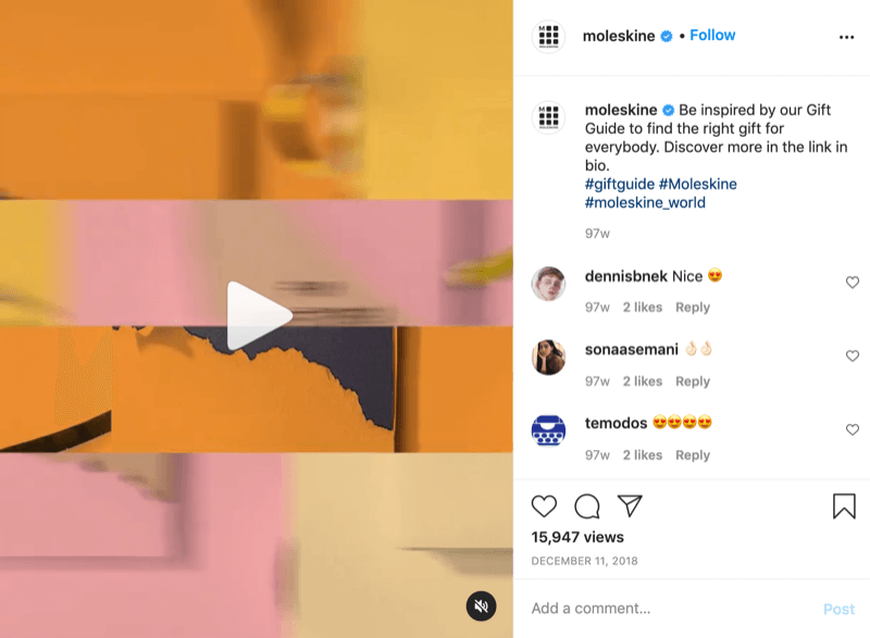 @moleskine'den, izleyicileri daha fazla bilgi için biyodaki bağlantıya yönlendiren bir harekete geçirme çağrısı içeren bir instagram hediye fikri video yayını örneği