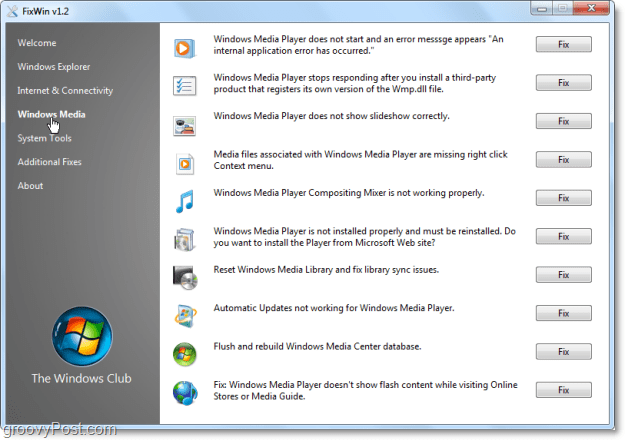 FixWin Windows Meda fixes ekran görüntüsü