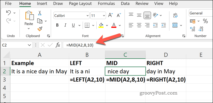 Excel'de ORTA SAĞ ve SOL İşlevlerine bir örnek