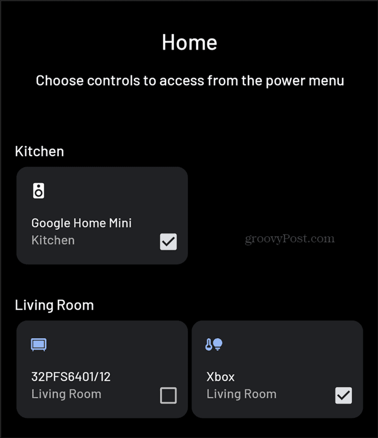 Android Akıllı Ev kontrolleri ekleme menüsü