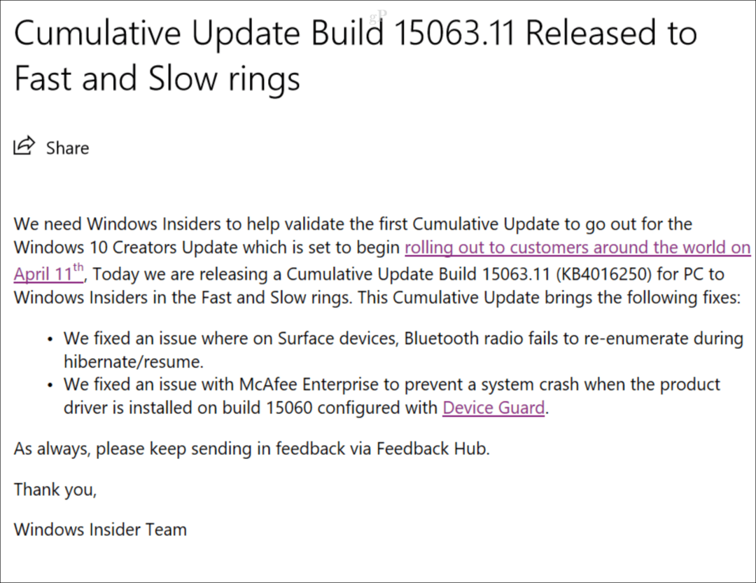 Windows 10 Creators için İlk Toplu Güncelleştirme Yayımlandı