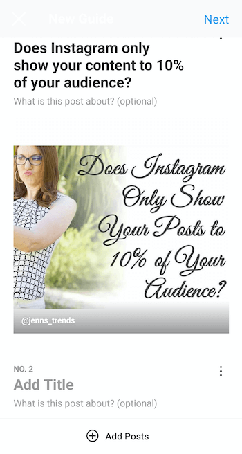 örnek, gönderi seçiliyken yeni instagram rehberi oluşturun ve 'başlığı, instagram yalnızca sizin kitlenizin% 10'una kadar içerik, ayrıca rehber açıklaması ekleme seçenekleri ve daha fazlası gönderiler