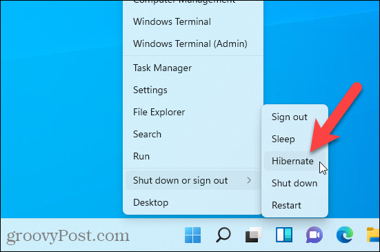 Windows 11'de Windows + X menüsünde bulunan Hazırda Beklet seçeneği