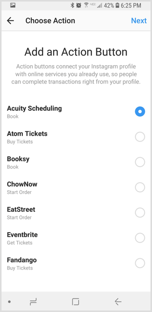 Instagram'da üçüncü taraf uygulamasını seçin Bir Eylem Düğmesi Ekle ekranında