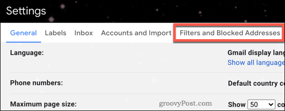 Gmail filtreleri menüsü