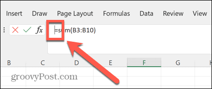 excel formül çubuğu imleci eşittir'in solunda