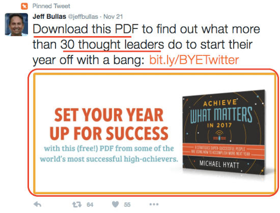 Jeff Bullas, e-kitabının indirilmesini teşvik etmek için ilgi çekici bir Twitter resmi kullanıyor.