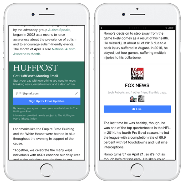 Facebook, tüm Anlık Makaleler yayıncılarına Sayfa Beğenme ve E-posta Kaydı eylem çağrısı birimleri ekledi.