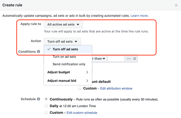 Facebook otomatik kurallarını kullanın, ROAS minimumun altına düştüğünde reklam setini durdurun, 1. adım, işlem ayarları