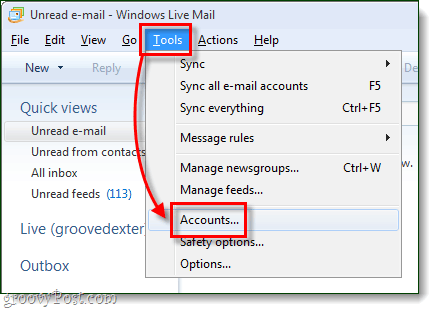 windows live mail tools hesapları