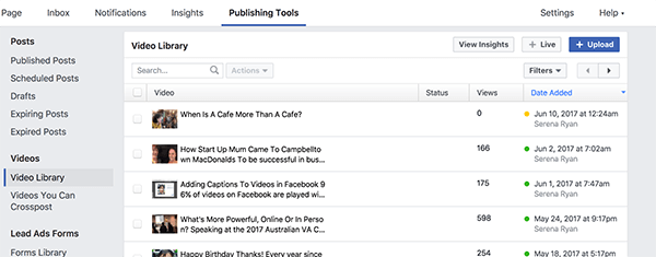 Facebook video kitaplığınız, yayınlanan ve yayınlanmamış tüm videolarınızı içerir. Sarı noktalı videolar yayından kaldırılır ve yeşil noktalı videolar yayınlanır.