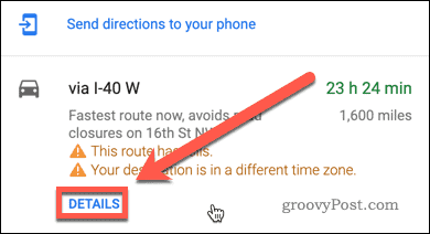 Google Haritalar yol tarifi ayrıntıları düğmesi