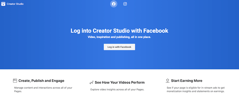 Facebook Creator Studio giriş sayfası