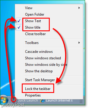 Windows 7'de hızlı başlatma metnini ve başlığını devre dışı bırakın, görev çubuğunu kilitleyin