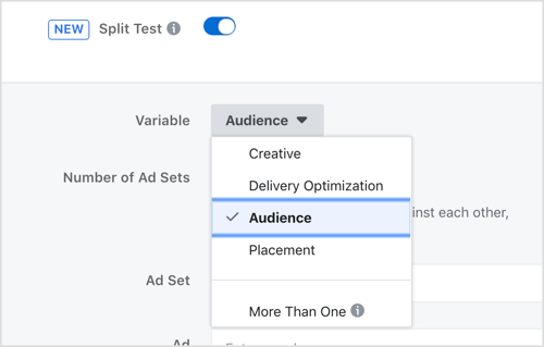 Facebook bölünmüş test özelliği ile test etmek için bir değişken seçin.