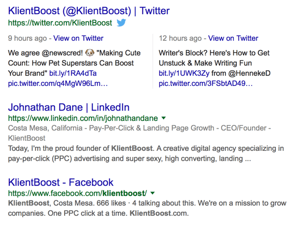 arama motoru sonuç sayfasındaki klientboost kapsamı örneği