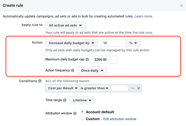 Facebook otomatik kurallarını kullanın, ROAS 2'den büyük olduğunda bütçeyi artırın, 2. adım, eylem ayarları