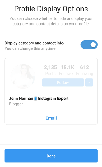 Instagram Oluşturucu Profil Kategorisi seçimi ve gösterimi.